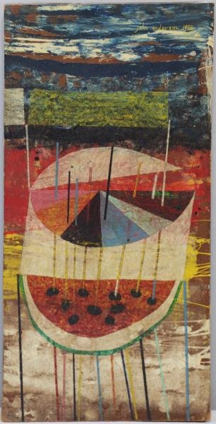ANDERSON, John. 1958 Oil/Masonite. Abstract with: Watermelon. Signed and dated 'john anderson 1958' upper right. John E. Anderson (American, 1923-1971). From an E. 28th St, NYC collection. Dimensions: 24" high x 12" wide. Condition: Good, unframed. L