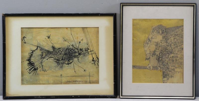 ANDERSON, John. 2 Works on Paper.: Ink on vellum (?) of a fish - signed and dated 'john anderson 59' lower right, sight - 8.25" high x 11.25" wide, appears to have a drawing on the reverse, some spotting to sheet at upper right. Graphi