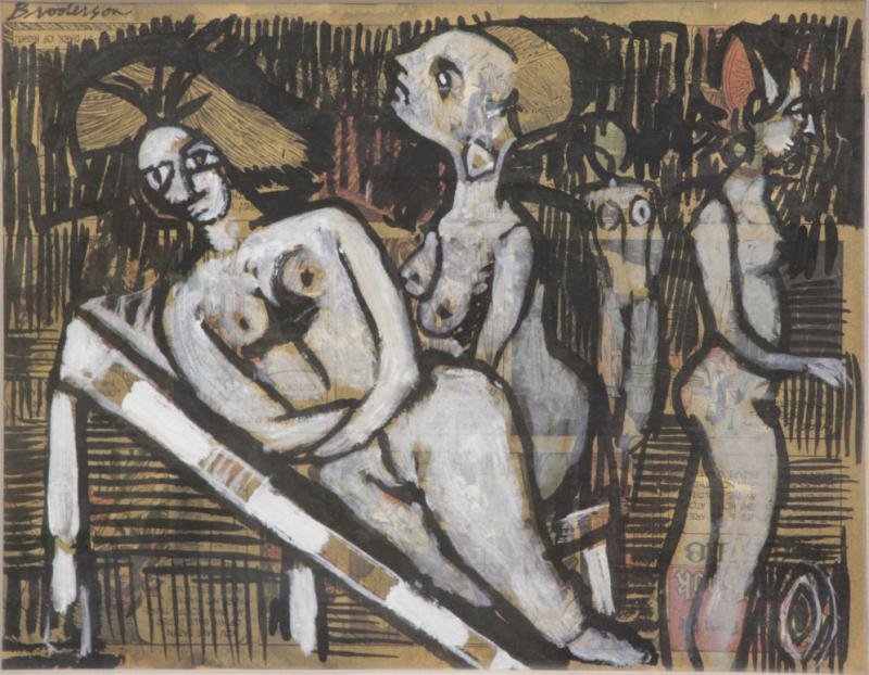 BRODERSON, Robert. Gouache on Newsprint of Figures: Signed upper left. Partial Catherine Viviano Gallery, New York label verso. Robert M. Broderson (American, 1920 - 1992). From a Port Washington, NY collection. Dimensions: Sight - 9.75" high x 12.75" 