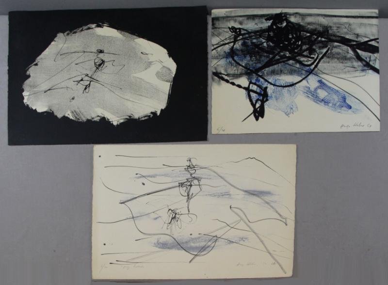 WEBER, Hugo. 3 Abstract Lithographs.: Black and white composition - pencil signed and dated 'Hugo Weber 64' lower right and numbered 6/20 lower left, 15" high x 22" wide, some red chalk (?) on surface at right. Black, white and blue compo
