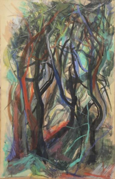 PRESSER, Josef. Gouache/Watercolor "Forest.": Signed lower center. Josef Presser (Pennsylvania, 1907 - 1967) active in Pennsylvania. From a New Providence, NJ location. Dimensions: Sight - 39.5" high x 25.25" wide. Condition: Good, some buckling.