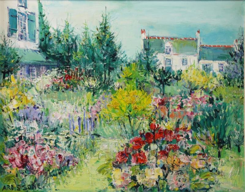 ARDISSONE, Yolande. Oil on Canvas. Garden in Bloom: Signed 'Ardissone' lower left. Yolande Ardissone (French, b.1927). Purchased from Wally Findlay Gallery, New York with label verso. From an East 62nd St, NYC collection. Dimensions: 30" high x 38" wid