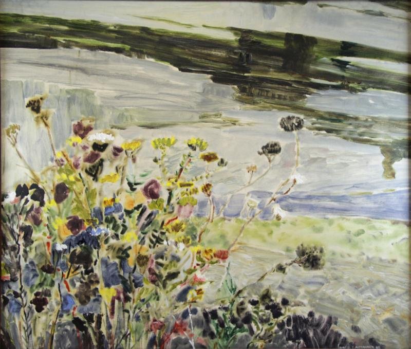 ALEXANDER, David T. Oil on Canvas "Waiting For a: Break." Signed and dated 85 lower right. Titled verso. David T Alexander (Canadian, b. 1947). From a Long Island, NY estate. Dimensions: 47" high x 55" wide. Condition: Very good.