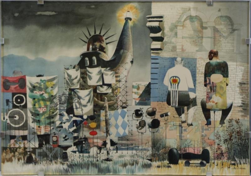 KINGMAN, Dong. Surrealist Watercolor. New York: Cityscape with Statue of Liberty. In custom Lucite frame. Signed 'Dong Kingman' lower right. Dong Kingman (American, 1911 - 2000). From an East 62nd St, NYC collection. Dimensions: 30.25" high x 43.25