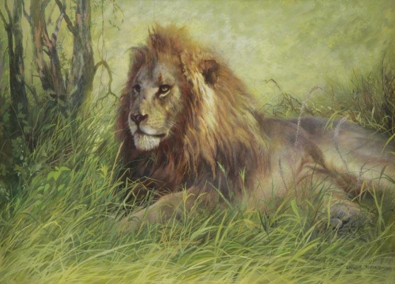 SPENCER ROBERS, A. Pastel and Watercolor of a Lion: in the Grass. Signed lower right. Arthur Spencer Roberts (British, 1920-1997). From a Bronxville, NY estate. Dimensions: Sight - 20.5" high x 28.5" wide. Condition: Good, not examined out of frame.