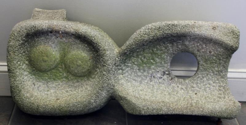 Manuel Fuentes Signed Midcentury Stone Sculpture.: Abstract stone sculpture inscribed "MF, 87, NY." From a Hartsdale, NY estate. Dimensions: 31.5" w x 13.5" d x 7.25" h. Condition: Missing base as indicated by two iron bolts in bottom.