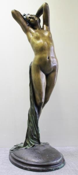 Large Art Nouveau French Bronze Signed Colinet.: Further impressed below "Paris" and indistinct lettering probably indicating foundry. Green, light, and dark patinas. From a Great Neck, NY estate. Dimensions: 18" w x 38" h.