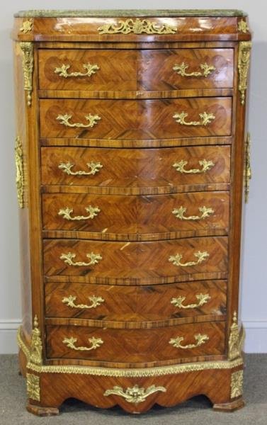 French Style Marble Top Lingerie Chest.: A nice quality reproduction. From a 650 Park Ave., NYC estate. Dimensions: 30"W x 17"D x 49"H. Condition: Small veneer losses .