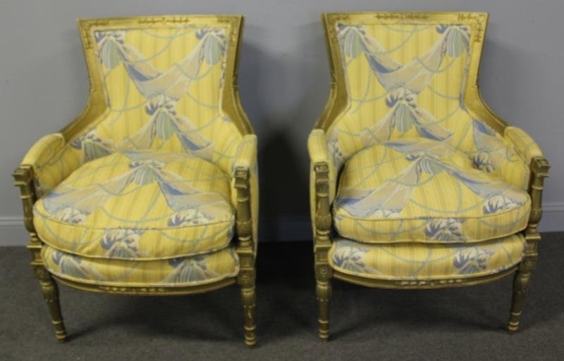 Pair of Louis XV1 Style Upholstered Arm Chairs.: Fine quality with nice decorative upholstery. From a 650 Park Ave., NYC estate. Dimensions: 26" w x 21" d x 37" h Condition: Good, gilt paint losses.