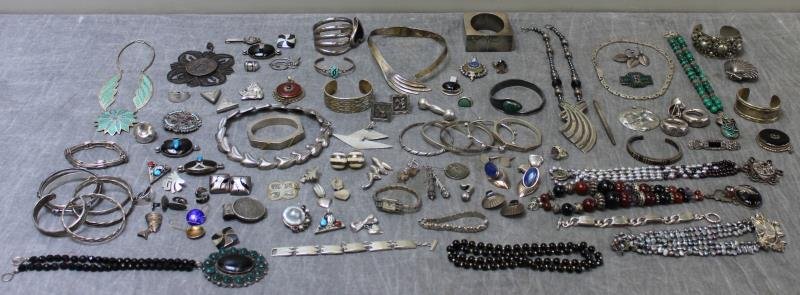 JEWELRY. Large Sterling Jewelry Grouping.: Very large grouping of sterling jewelry including Matilde Poulat, Mexican, etc. Approx. 108 pieces total. Total approx. weight is 86.29 troy oz. From a Hastings-on-Hudson, NY estate.
