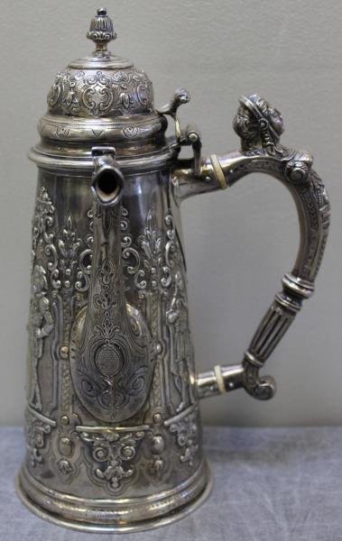 STERLING. Early 18th C Irish Chocolate Pot.: Irish chocolate pot with maker's mark of Robert Cooper, and a date letter of 1702. With beautiful dragon head spout, figural handle of a woman with bonnet, and repousse figures around body of chocolat