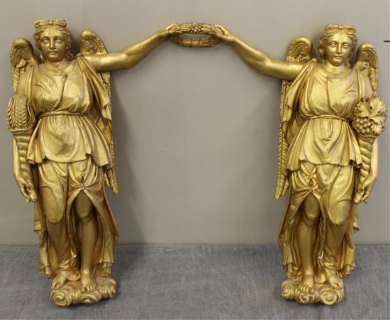 Vintage Giltwood Italian Angel Decoration.: Beautiful gilding and nice carving on this decoration. From a 650 Park Ave., NYC estate. Dimensions: 25"H x 33"W Condition: good