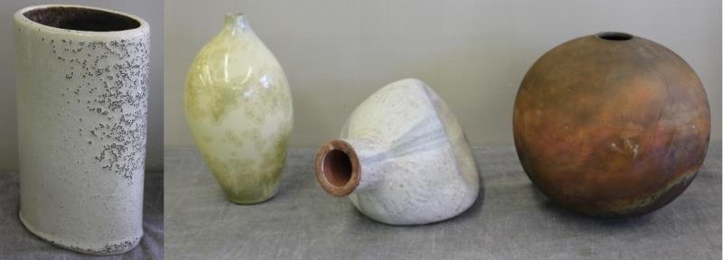 Midcentury Pottery Lot Including Russel Wright.: Russel Wright vase from the Bauer line. Together with a hollow vase with depressed sides, a bulbous / spherical vase signed on bottom, and a glazed vase unsigned. From a Manhattan, NY estate. Dimensio
