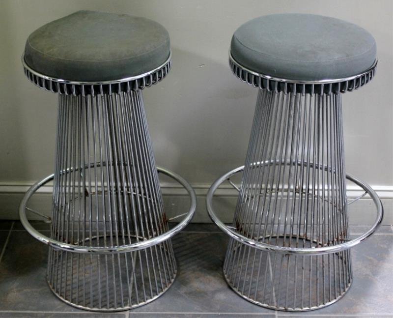 Midcentury Pair of Warren Platner Style Bar Stools: From a Manhattan, NY estate. Dimensions: 19.5" diameter x 29.5" h. Condition: Cushions as is with tears. Some wear / rust due to age.