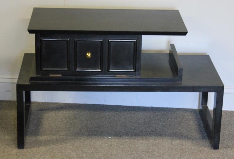 Midcentury James Mont Occasional Table.: With drop down doors. Stamped James Mont. Original black lacquer. Dimensions: 36" w x 16" d x 22.5" h. Condition: Good vintage condition.