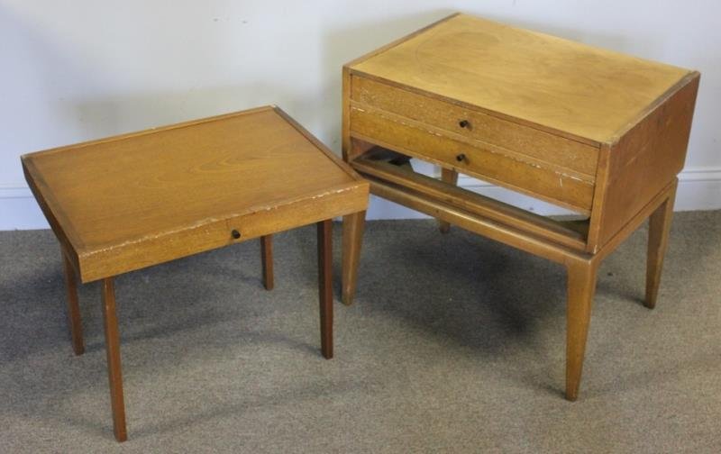 Midcentury End Table with Pull Out Tray Tables.: American modern style with hourglass pulls. From a New Rochelle, NY estate. Dimensions: 24" w x 24" d x 18" h overall. Condition: Needs refinishing. Structurally sound.