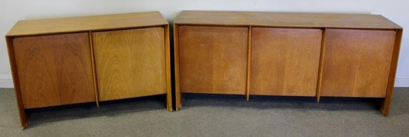 Two Midcentury Servers by Robsjohn-Gibbings.: Unmarked. From a New Rochelle, NY estate. Dimensions: 48.5" w x 20" x 31" h; Larger - 72" w x 20" d x 31" h. Condition: Water damage to base, scuffs, scratches. Need refinishing.