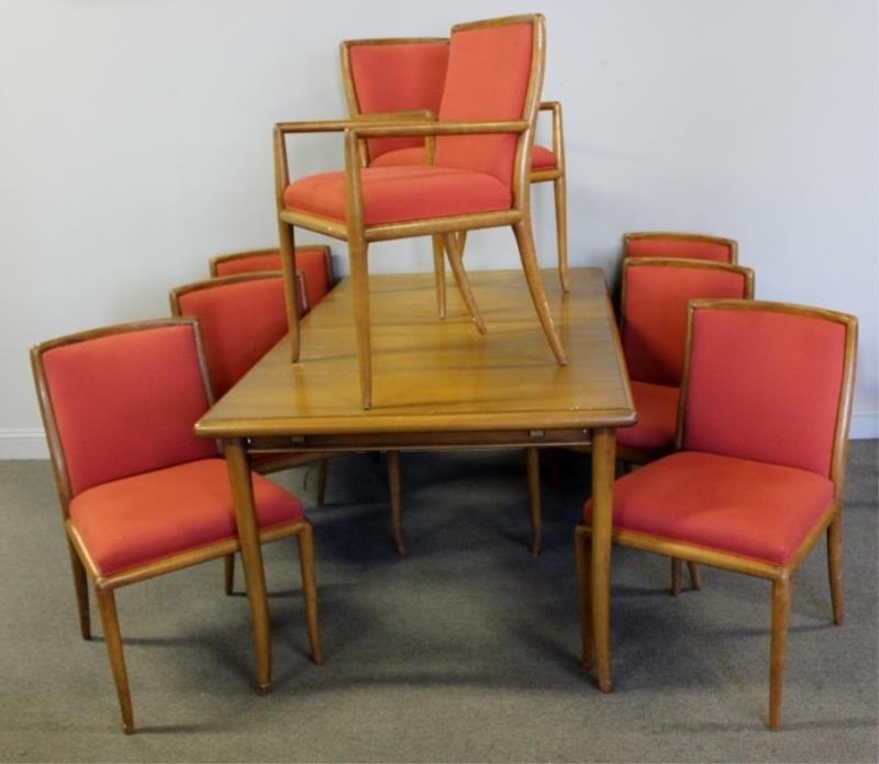 Robsjohn-Gibbings Midcentury Dining Set.: Includes 6 side chairs, 2 arm chairs, and a table with leaf. From a New Rochelle, NY estate. Dimensions: Table - 72" w x 40" d x 30" h; Leaf - 20" w; Side Chair - 22" w x 19" d x 35" h; Arm - 22" w x