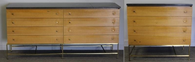 Midcentury Paul McCobb for Calvin Marbletop Chests: Includes a 2 piece marble top long chest on brass base. Together with a small chest with single marble top on brass base (removable). Labeled Paul McCobb for Calvin, Irwin Collection, drawer interior 