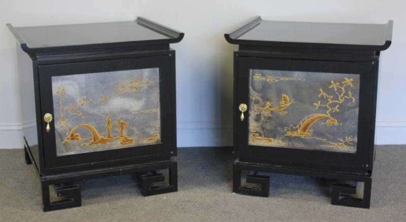 Midcentury Pair of James Mont Lacquered End Tables: End tables with glass front door in Asian decoration and bent edge top. Painted red interior. From a Stamford, CT estate. Dimensions: 25.25" w x 24" d x 26.25" h each. Condition: Lacquer losses / chip