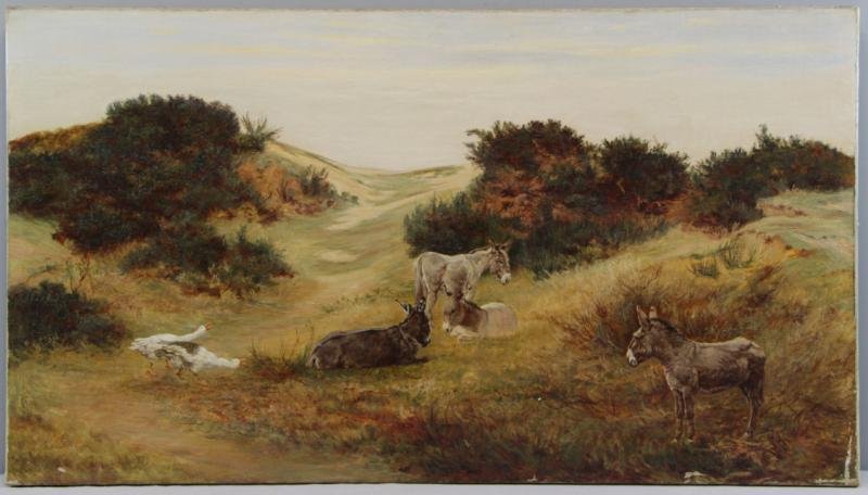 Oil on Canvas of Donkeys and Geese in the Dunes.: Apparently unsigned. From the collection of John B. Coleman, hotelier and founder of John B. Coleman & Co and The Jockey Club LLC, New York. Dimensions: 22.5" high x 40" wide. Condition: Lined. Craque