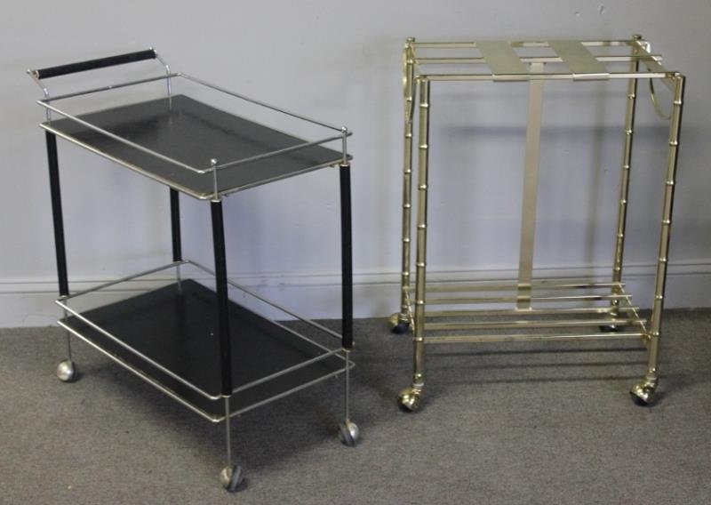 Lot of 2 Vintage Tea Carts.: One brass with adjustable top sliders, and a chrome and laminate two tier bar cart. From a Great Neck, NY estate. Dimensions: Brass - 34" w x 16" d x 31" h.