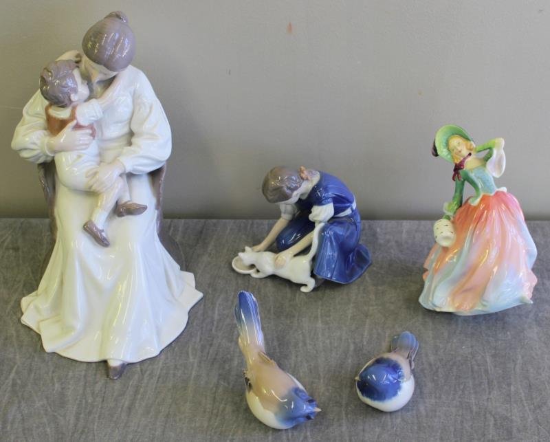 Bing & Grondahl and Royal Doulton Lot.: Includes a large B&G #1552 Mother and Child "Mother Love" figure, a B&G girl with cat figure #1745, 2 B&G birds, and a Royal Doulton "Autumn Breezes" #HN1911 figure. From a Westchester, NY estate. Dim