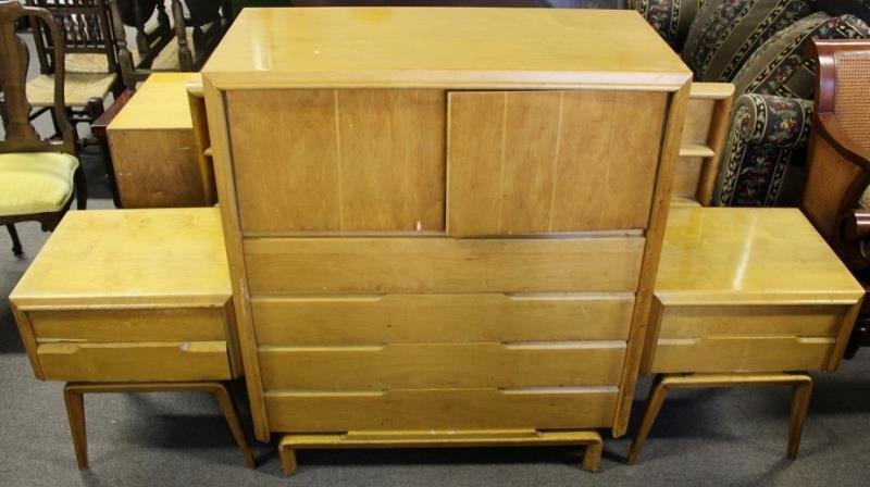 Midcentury Swedish Blondewood Bedroom Set.: Includes a pair of side tables with two drawers and bentwood bases, a tall chest, a long chest of drawers and a headboard. In the style of Thonet. From a Westchester, NY estate.
