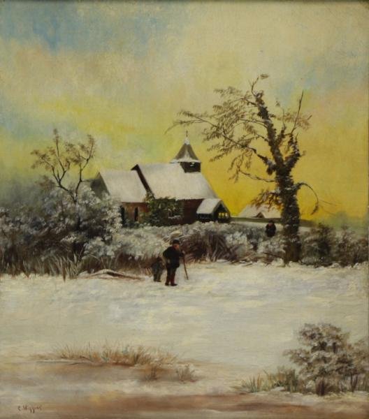 WIGGINS, Carleton. Oil on Canvas. Figures in: Winter Landscape. Signed lower left. Carleton Wiggins (American, 1848 - 1932). From a Mamaroneck, NY home. Dimensions: 16" high x 14" wide. Condition: Restored by Art Restoration Lab at Gate House Gal