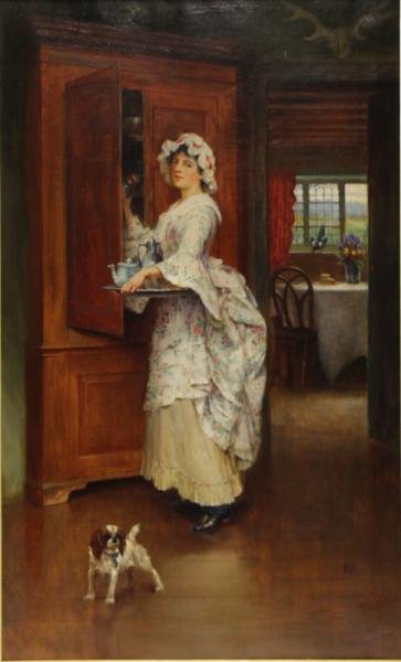 SCOTT, John. Oil on Canvas "The China Cupboard".: Signed lower right and inscribed and titled on the frame. John Scott (British, 1850 - 1918). From a Scarsdale, NY home. Dimensions: 26.5" high x 16.5" wide. Condition: Good, craquelure, surface dust.