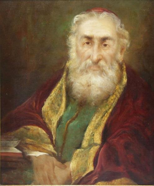 Signed Oil on Canvas Portrait of a Rabbi.: Signed in Hebrew (?) lower left and inscribed verso. From a Harrison, NY location. Dimensions: 24" high x 20" wide. Condition: Good.