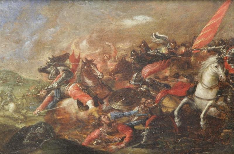 Old Master Oil on Wood Panel Battle Scene.: From a Hawthrone, NY estate. Dimensions: 9.25" high x 14" wide. Condition: Surface grime, a few small losses, areas of skinning.