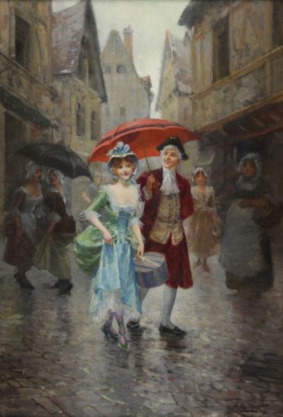 DUPONT, A. 1905 Oil on Canvas. Courting Couple in: Paris Streets. Signed 'A. Dupont / Paris 1905' lower right. From an East End Ave, NYC estate. Dimensions: 21.5" high x 15" wide. Condition: Old wax lining, a few small spots of retouching in the umbre
