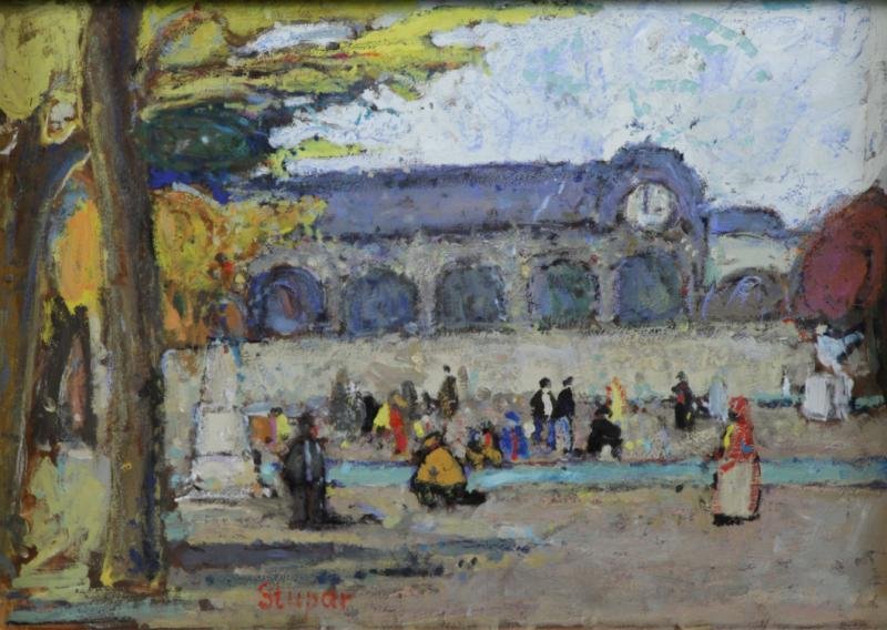 STUPAR, Marko. Gouache on Paper. "Quai d'Orsay".: Signed lower left. Eric Galleries, New York label verso and accompanied by original 1982 receipt for $1,800. Marko Stupar (Yugoslavian, b. 1936). From a Scarsdale, NY estate. Dimensions: Sight - 12.5"
