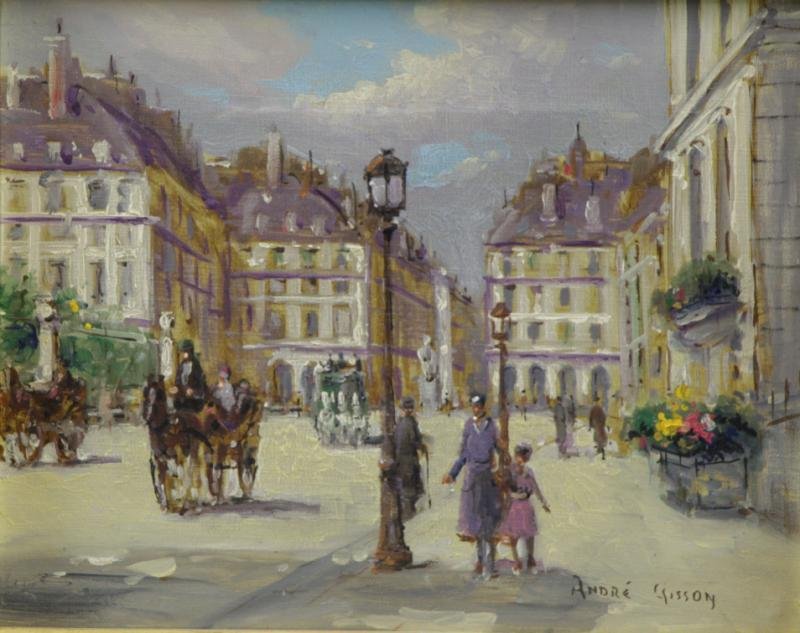 GISSON, Andre. Oil on Canvas. Parisian Boulevard.: Signed lower right. Andre Gisson (French, 1921 - 2003). From a Scarsdale, NY estate. Dimensions: 8" high x 10" wide. Condition: Good.