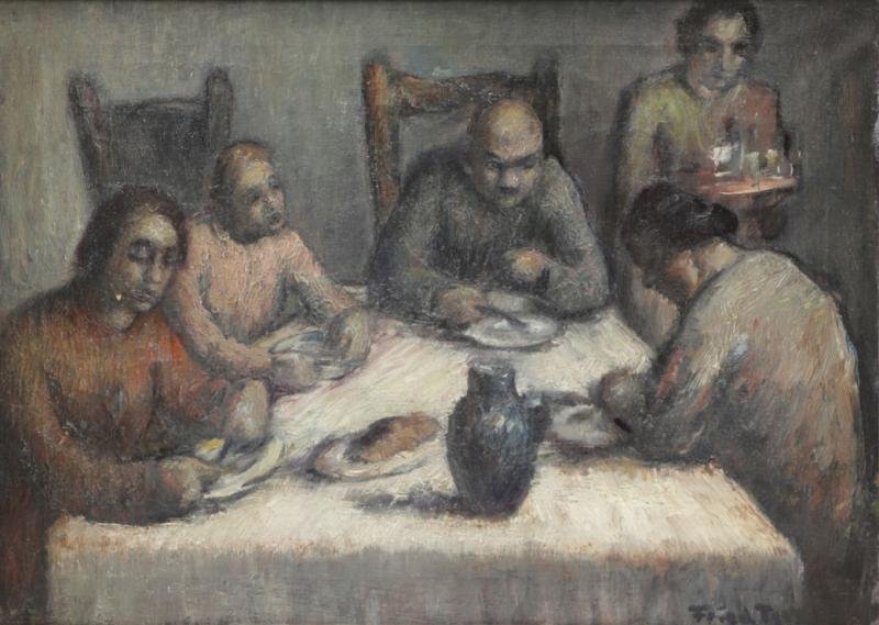 Signed WPA Oil on Canvas. Figures at the Table.: Illegibly signed lower right, possibly Fried (?). From a Manhattan, NY estate. Dimensions: 15.25" high x 21.5" wide. Condition: Surface grime, craquelure, cupping and repair upper center and small rep