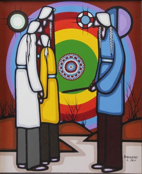 BELL, Leland. Oil/Canvas "Strength of Knowledge".: Signed 'Bebaminojmat' and 'L Bell' lower right; signed and titled verso. Leland Bell (Canadian, b. 1953), an Anishinabe artist from the Wikwemikong Unceded First Nation on Manitoulin Island, Ontario,