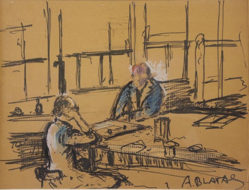 BLATAS, Arbit. Ink and Pastel on Cardboard. Chess: Game at Lowy's. According to family history, Blatas was inspired to draw this scene on a regular visit to Lowy for framing, it was framed by Lowy minutes after it's completion. Signed lower right. Arb