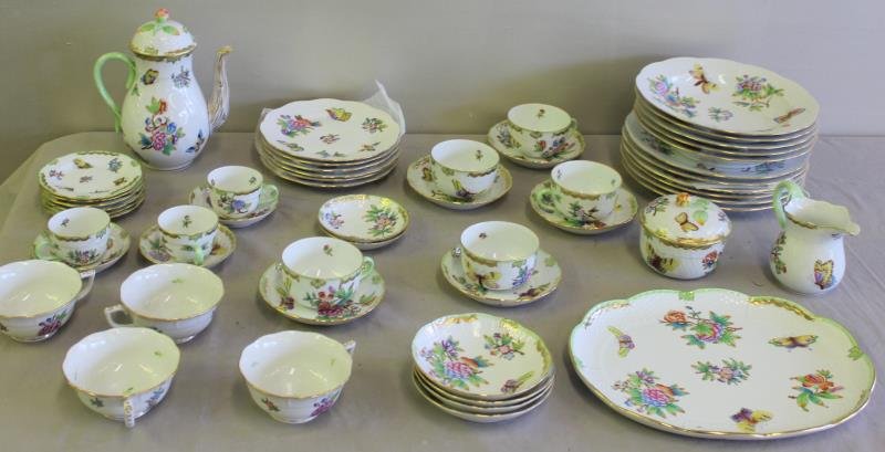 Large Group of Herend "Queen Victoria" Dinnerware.: Includes a coffee pot, tray, sugar bowl, creamer, 5 soups, 6 small plates, 6 dinner plates, 6 salad plates, 4 small cup plates, 3 demitasse cups and saucers, 2 extra demitasse saucers, 5 cups and sauc