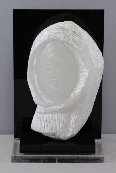 Midcentury Carved Alabaster Head on Lucite Base.: Not visibly signed. From a Rye Brook, NY home. Dimensions: 13" high + base. Condition: Good.