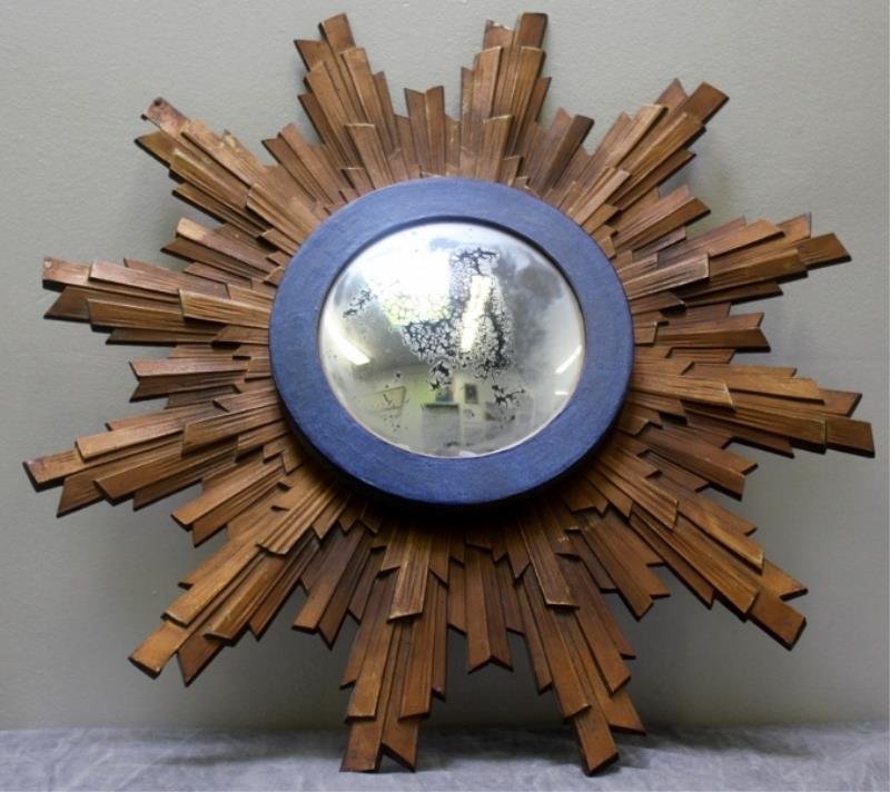 Vintage Bullseye and Metal Sunburst Mirror.: From a Queens, NY estate. Dimensions: 18.5" diameter o/a. Condition: Mirror with darkened areas and silver losses.