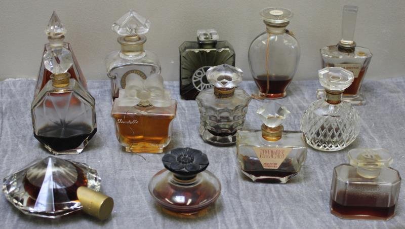 Vintage Perfume Bottle Lot.: Includes a Carpricci Nina Ricci Lalique bottle Parfum Ciros Fleur Sauvage Monteil, L'elu Marquay Ciro Surrender, Marcel Rochas Femme, Tresor Lancome, Dentelle Bienaime, Fireworks, Volpe Nuit Joy de Je