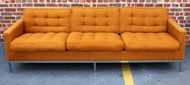 Midcentury Early Florence Knoll Sofa.: Upholstered 3 seat sofa with chrome base designed by Florence Knoll for Knoll. Labeled with early Knoll upholstery tag. "Art Metal - Knoll Corp. Knoll Associates Division." Beautiful early / original 