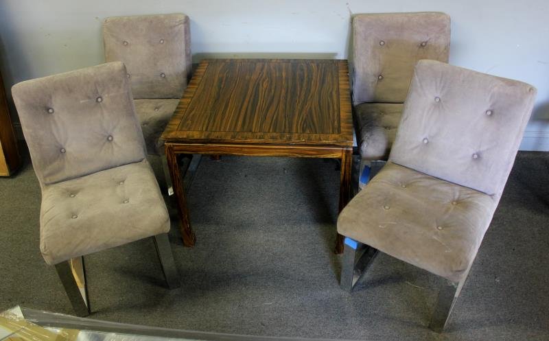 Midcentury Asian Modern Faux Rosewood Table Lot.: Together with 4 Milo Baughman style chrome base upholstered side chairs. From a Manhattan, NY location. Dimensions: 30" w x 30" d x 25" h; 19" w x 24" d x 33" h each.