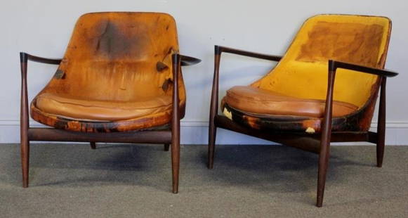 Midcentury Pair Ib Kofod Larsen Elisabeth Chairs.: IB Koefed Larsen for Christiansen & Larsen. Solid rosewood constructed fusiform legs connect to wide curved arms that drop at seat back elbow. Great seat angle and seat structure. Matching mark to ins