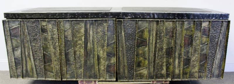 Midcentury Paul Evans Wall-Hanging Cabinet.: Signed Paul Evans '67 on bottom of door. Deep relief cabinet with patchwork metal top and two slate inserts to top. From a Long Island, NY estate. Dimensions: 72" x 20.5" x 22.5" high. Condition: Good