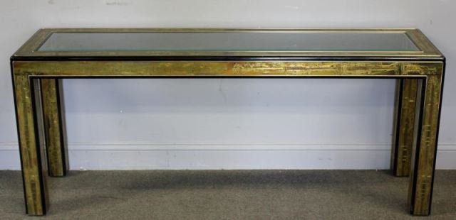 Midcentury Chinoiserie Decorated Console .: Probably Mastercraft and from a Mamaroneck home. Dimensions: 63.5" x 18" x 26.75" high. Condition: Good.