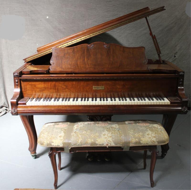 KNABE Baby Grand Piano in Louis XV Style: Walnut Case. From an East End Ave, NYC estate. Dimensions: 87.5" x 65.5" x 38.75" high.