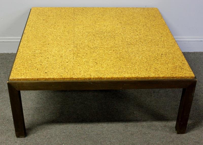 Midcentury Dunbar Cork Top Coffee Table.: Labeled to underside of table. From a Manhattan, NY location. Dimensions: 37" x 37" x 15.5" high.