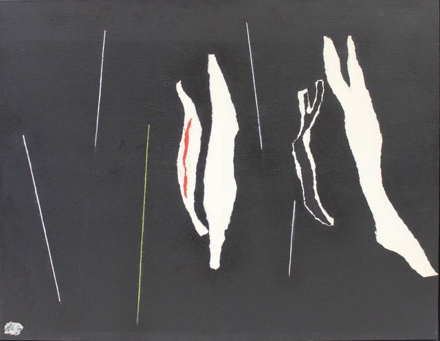 Adja Yunkers #58 "Collage #64": Acrylic and collage on canvas. Signed and dated 1972 lower left, titled, signed and dated verso. Parker Street 470 Gallery, Boston label on stretcher. From the collection of Adja Yunkers. Dimensions: